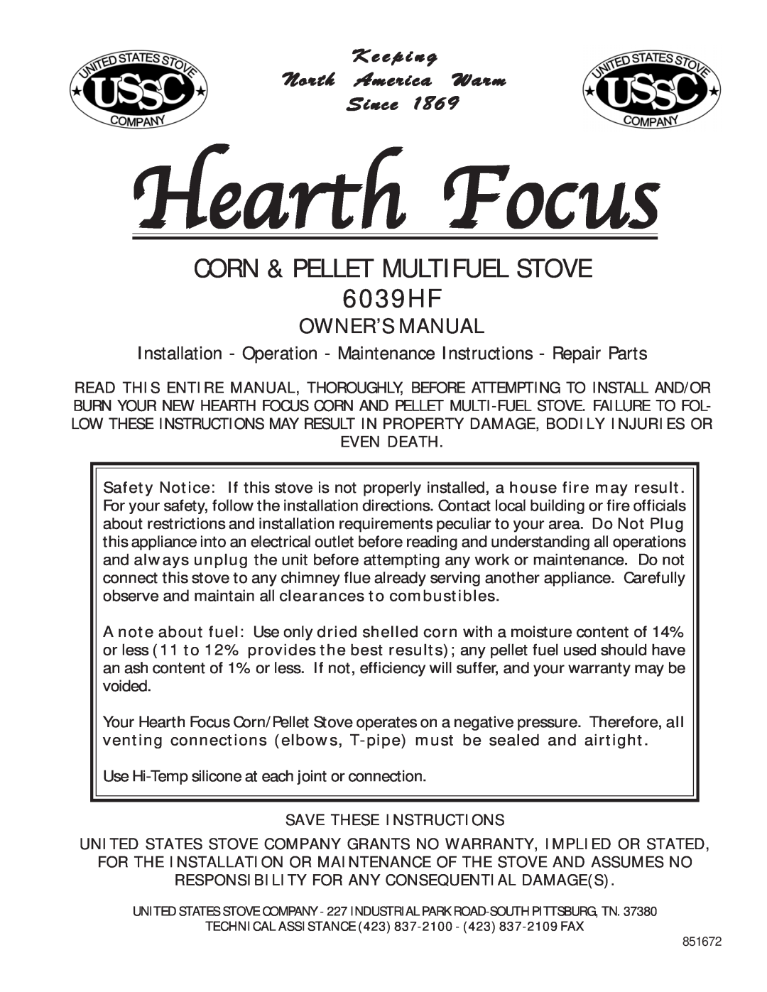 United States Stove 6039HF owner manual Hearth Focus, Corn & Pellet Multifuel Stove, Save These Instructions 