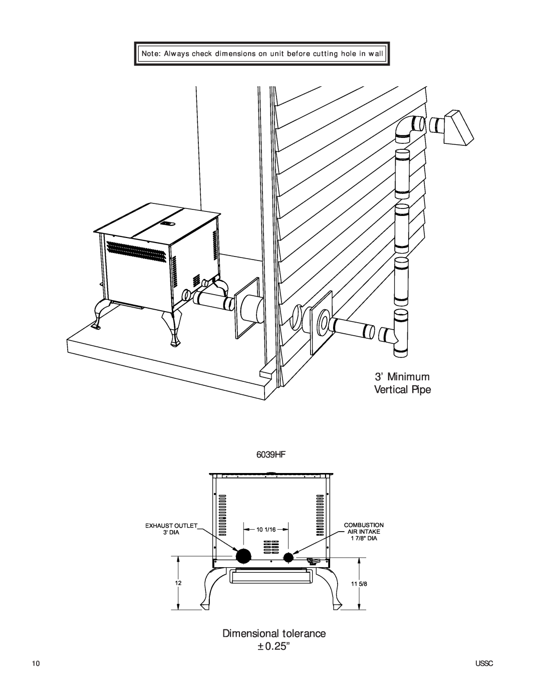 United States Stove 6039HF owner manual 10 1/16, 1 7/8 DIA, 11 5/8, Exhaust Outlet, Combustion, 3 DIA, Air Intake 