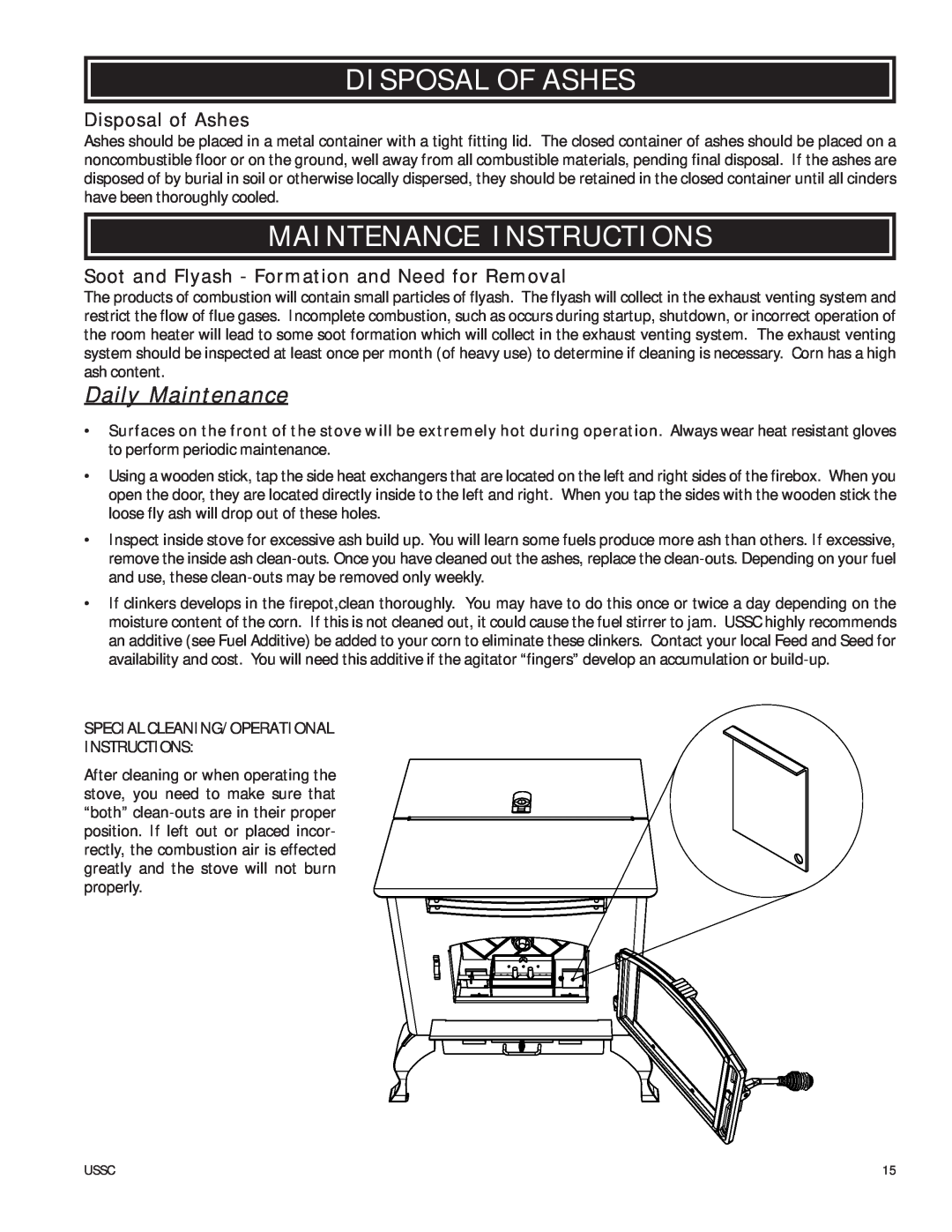 United States Stove 6039HF owner manual Disposal Of Ashes, Maintenance Instructions, Daily Maintenance, Disposal of Ashes 