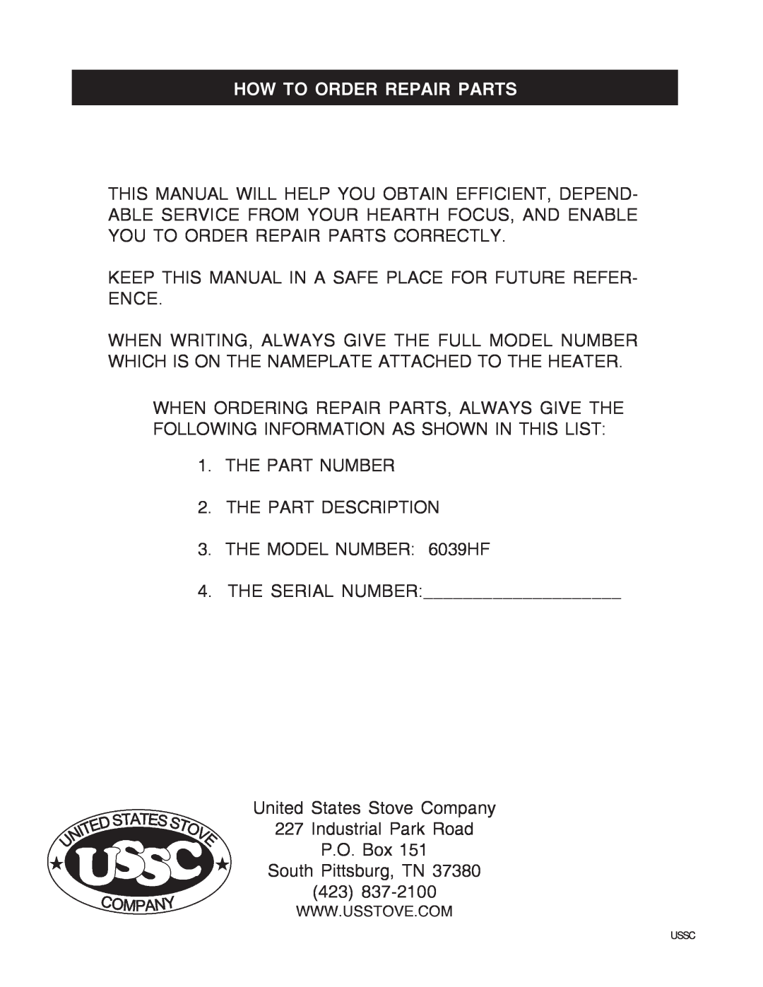 United States Stove 6039HF owner manual How To Order Repair Parts 