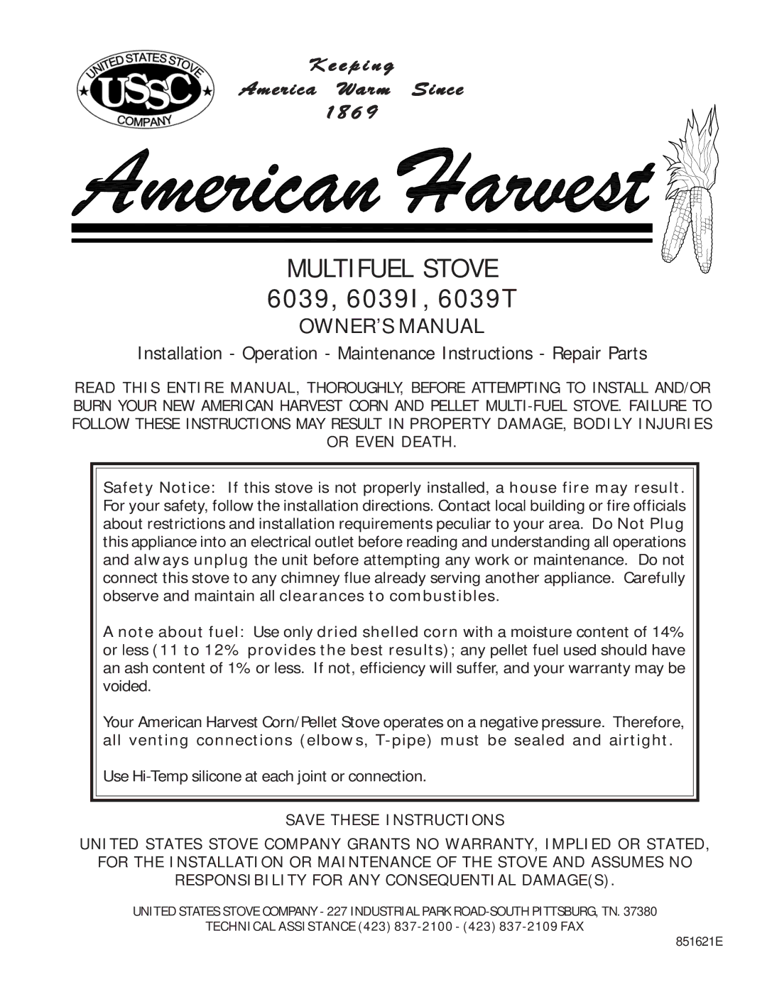 United States Stove owner manual 6039, 6039I, 6039T 