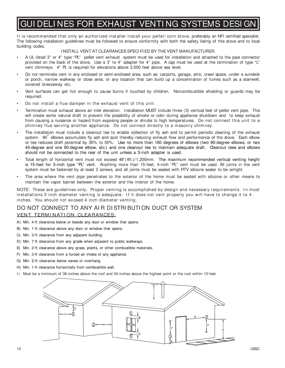 United States Stove 6039I owner manual Guidelines for Exhaust Venting Systems Design, Vent Termination Clearances 