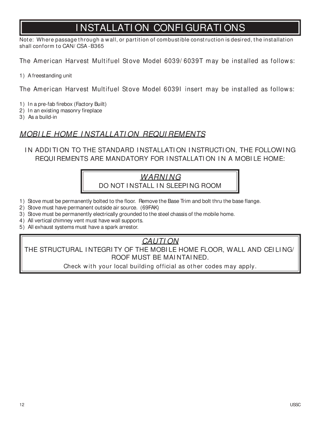 United States Stove 6039I owner manual Installation Configurations, Mobile Home Installation Requirements 