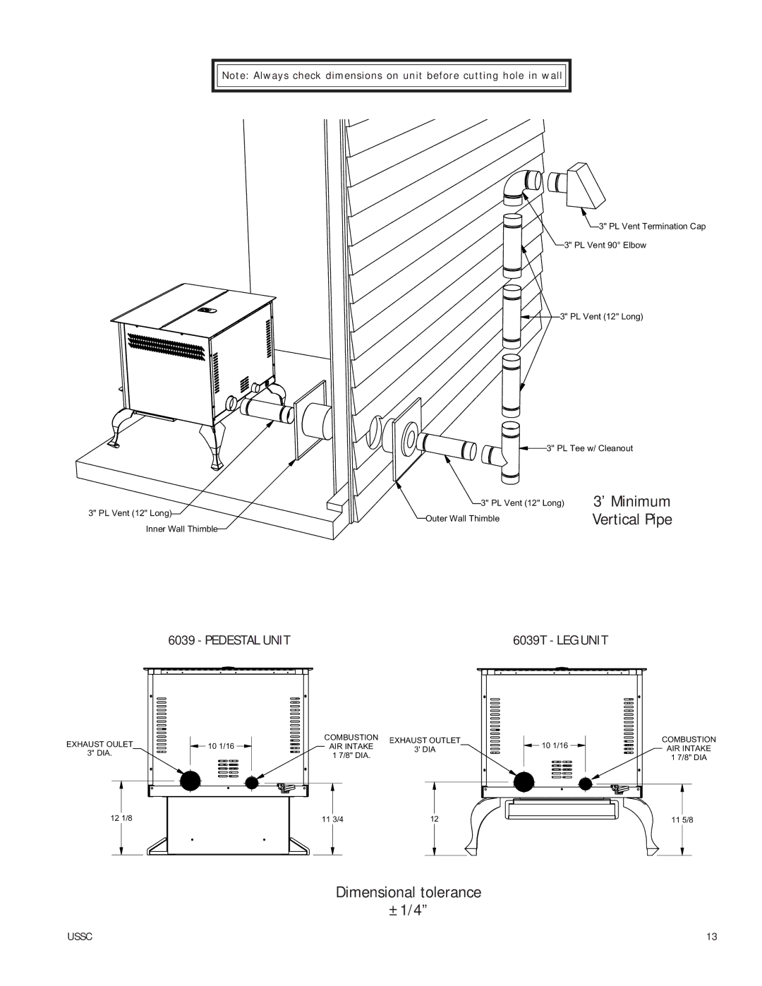 United States Stove 6039I owner manual Dimensional tolerance ±1/4 