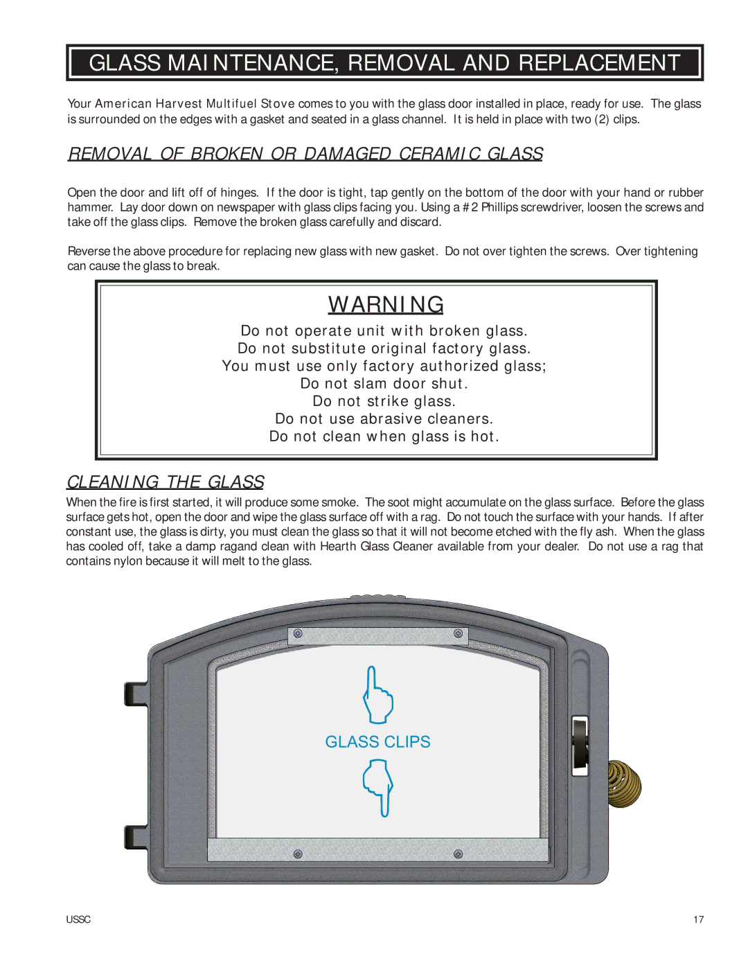 United States Stove 6039I Glass MAINTENANCE, Removal and Replacement, Removal of Broken or Damaged Ceramic Glass 