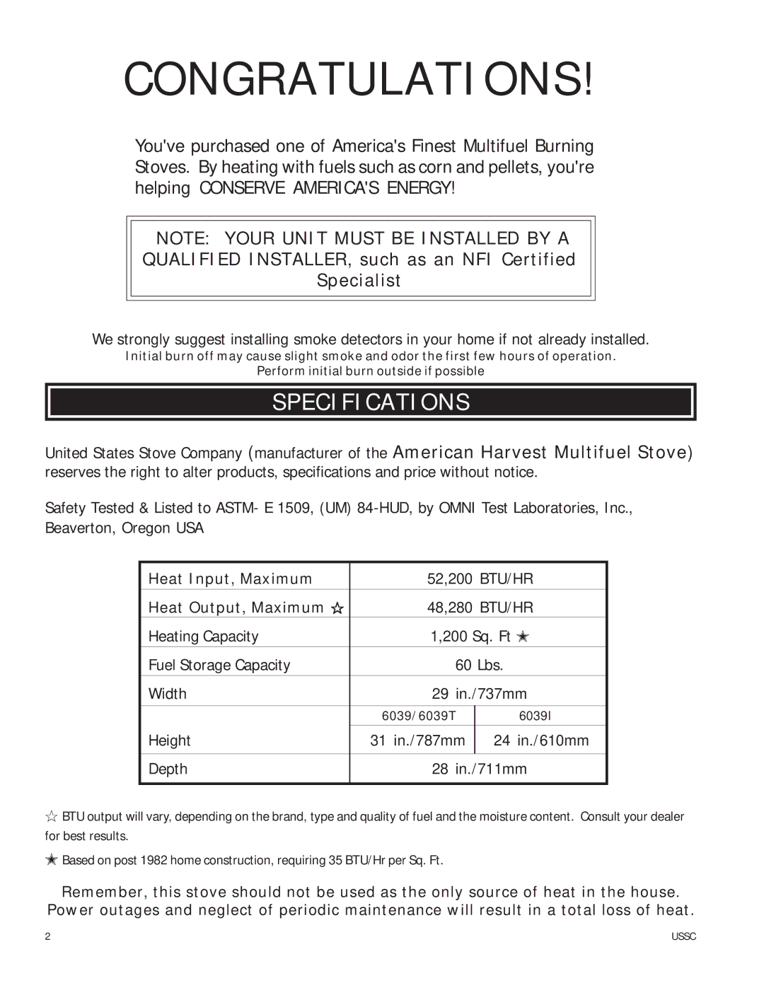 United States Stove 6039I owner manual Congratulations, Specifications 