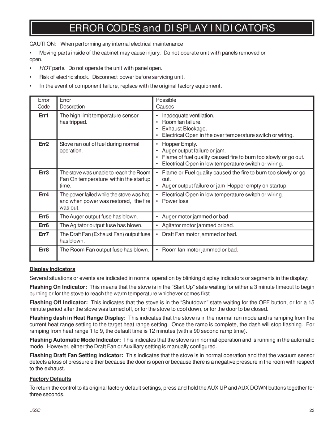 United States Stove 6039I owner manual Error Codes and Display Indicators 