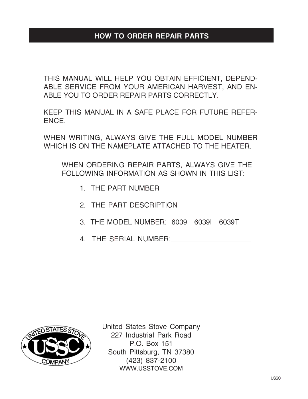 United States Stove 6039I owner manual HOW to Order Repair Parts 