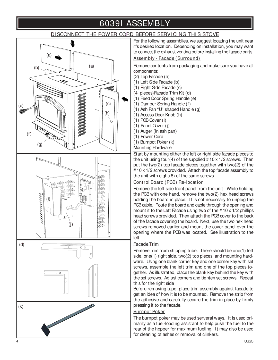 United States Stove owner manual 6039I Assembly, Disconnect the Power Cord Before Servicing this Stove 