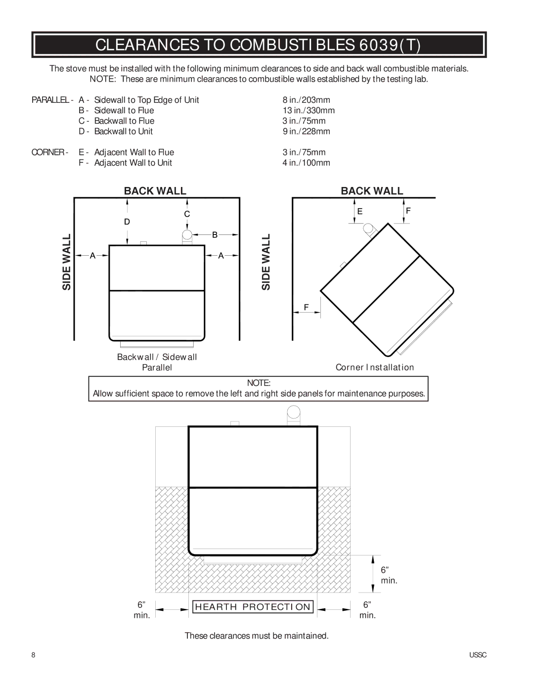 United States Stove 6039I owner manual Clearances to Combustibles 6039T, Hearth Protection 