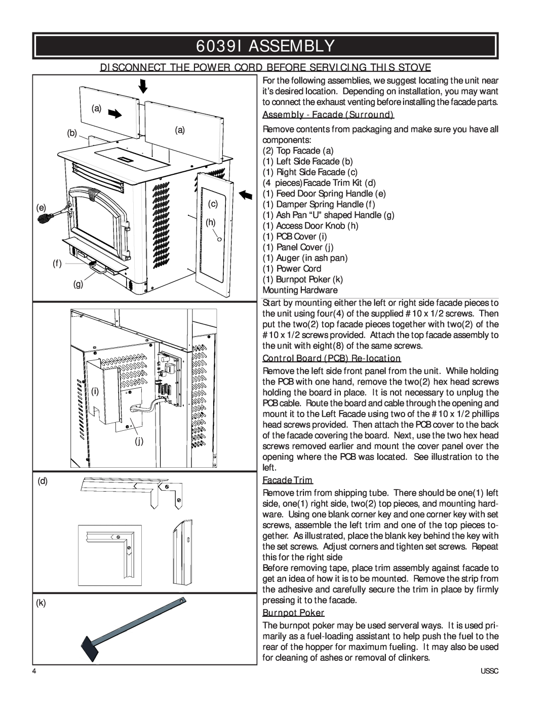 United States Stove owner manual 6039I ASSEMBLY, Assembly - Facade Surround, Control Board PCB Re-location, Facade Trim 