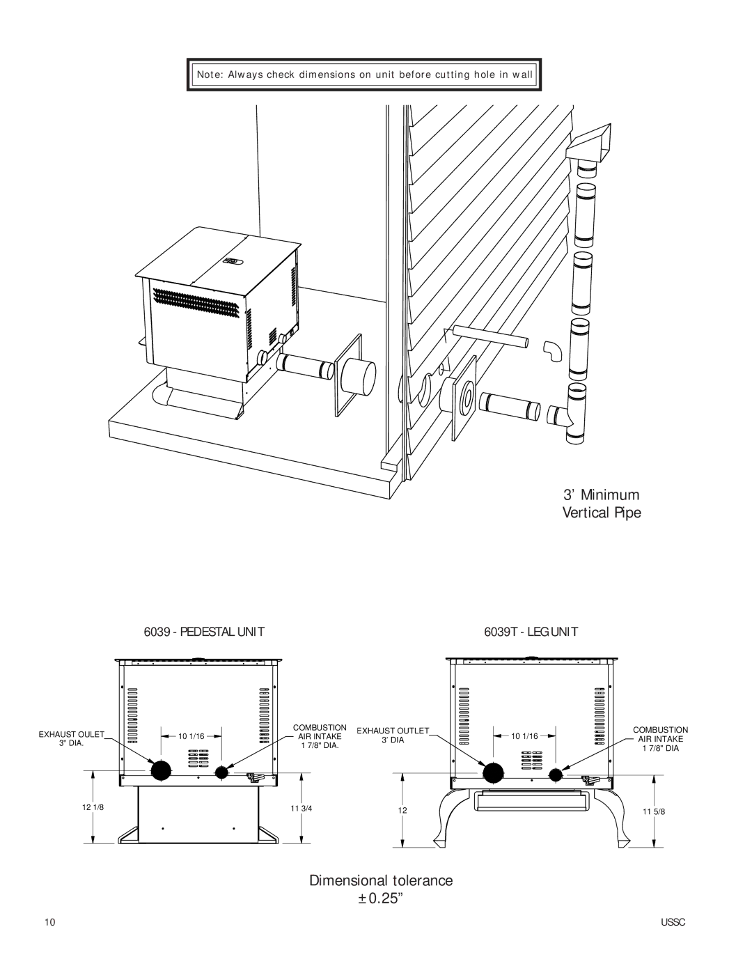 United States Stove 6039T owner manual ’ Minimum Vertical Pipe, Pedestal Unit 