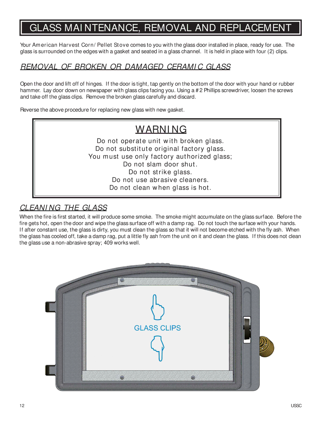 United States Stove 6039T Glass MAINTENANCE, Removal and Replacement, Removal of Broken or Damaged Ceramic Glass 