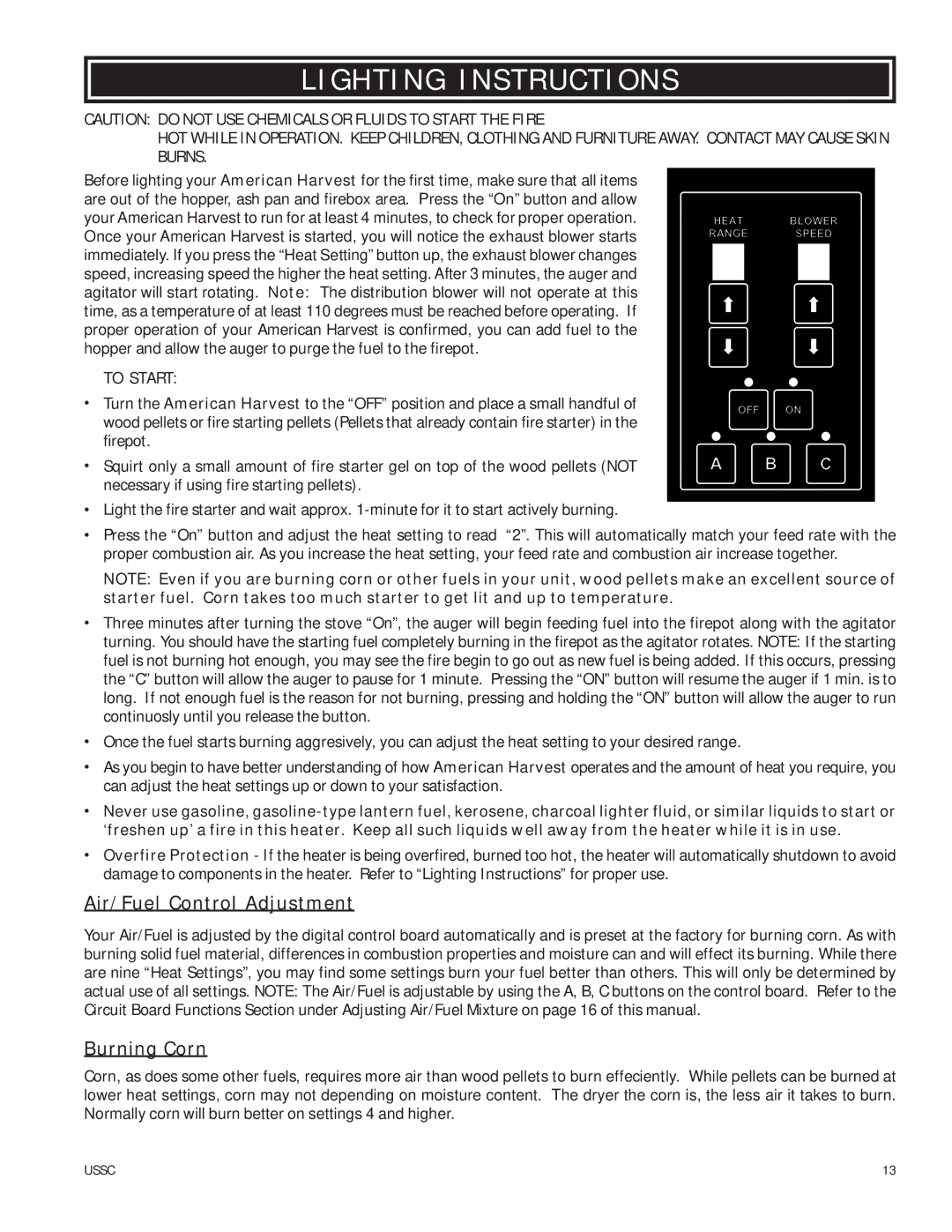 United States Stove 6039T owner manual Lighting Instructions, Air/Fuel Control Adjustment, Burning Corn, To Start 