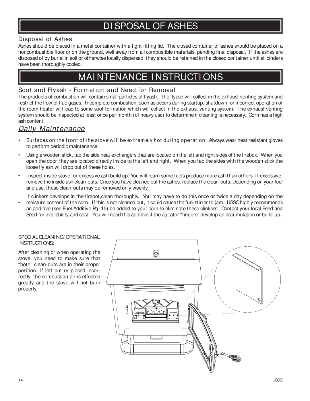 United States Stove 6039T Disposal of Ashes, Maintenance Instructions, Soot and Flyash Formation and Need for Removal 