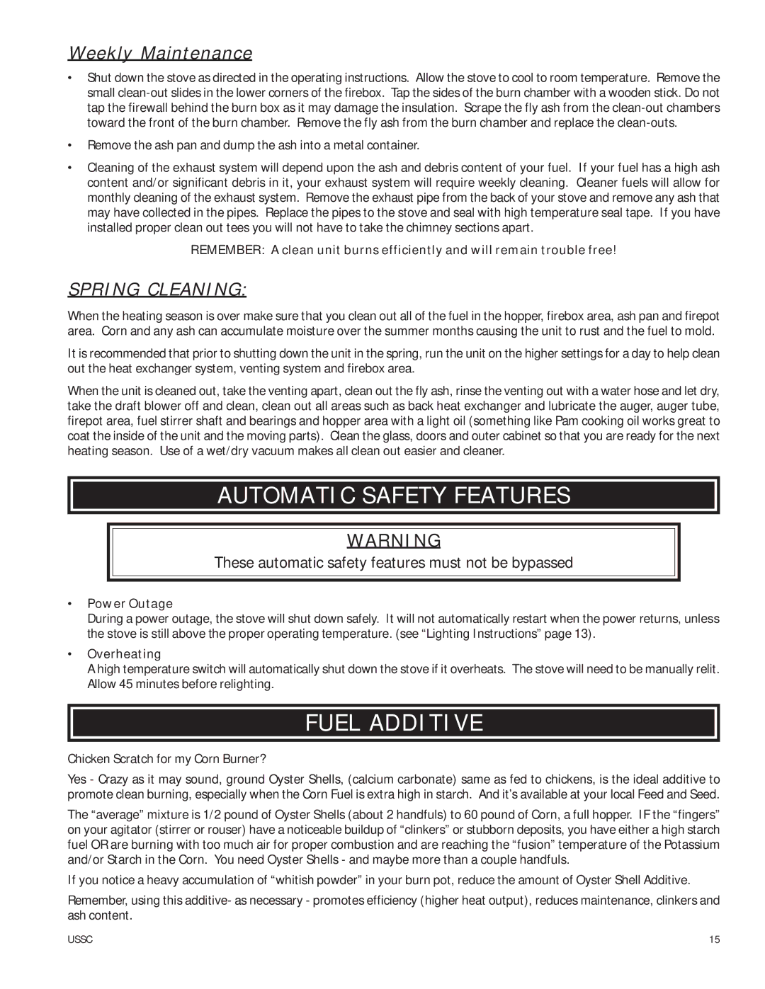 United States Stove 6039T owner manual Automatic Safety Features, Fuel Additive 