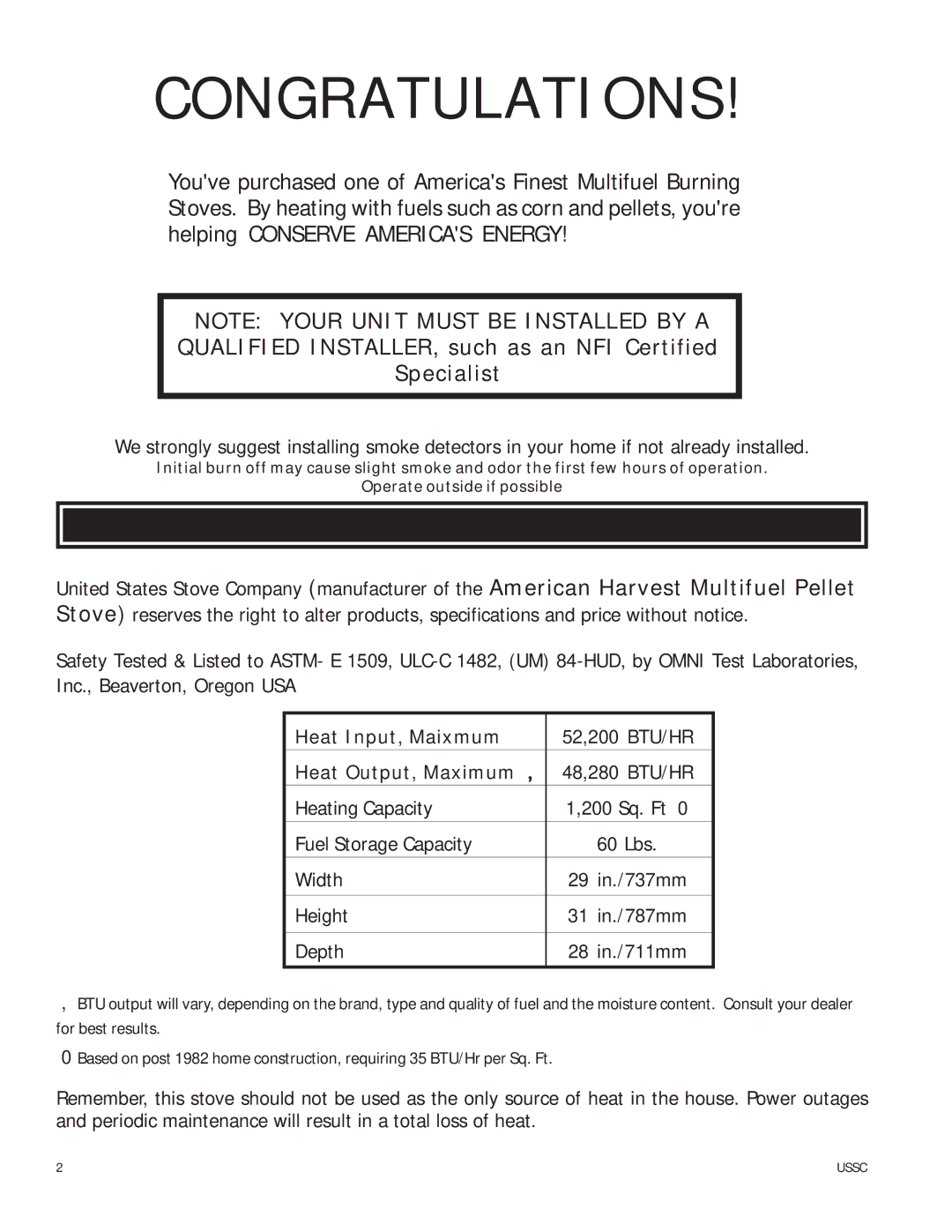 United States Stove 6039T owner manual Specifications, Heat Input, Maixmum, Heat Output, Maximum 