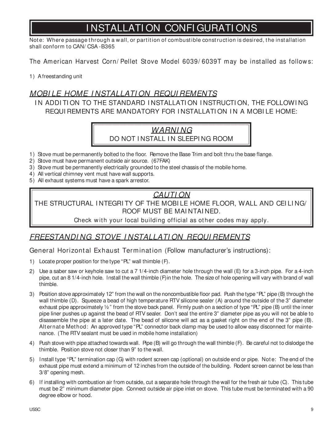 United States Stove 6039T owner manual Installation Configurations, Mobile Home Installation Requirements 