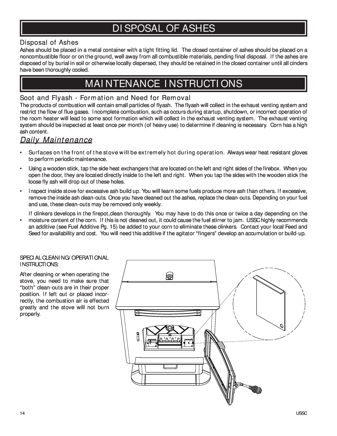United States Stove 6039T owner manual Disposal Of Ashes, Maintenance Instructions, Daily Maintenance, Disposal of Ashes 