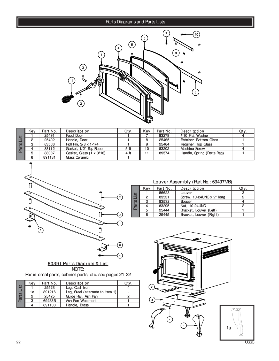 United States Stove owner manual Parts Diagrams and Parts Lists, 6039T Parts Diagram & List, Descritption 