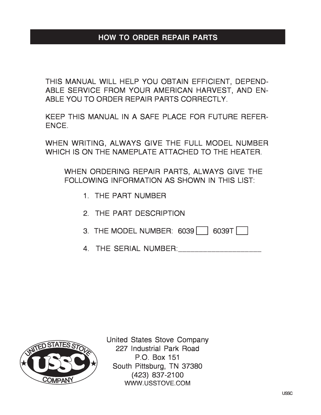United States Stove 6039T owner manual How To Order Repair Parts 