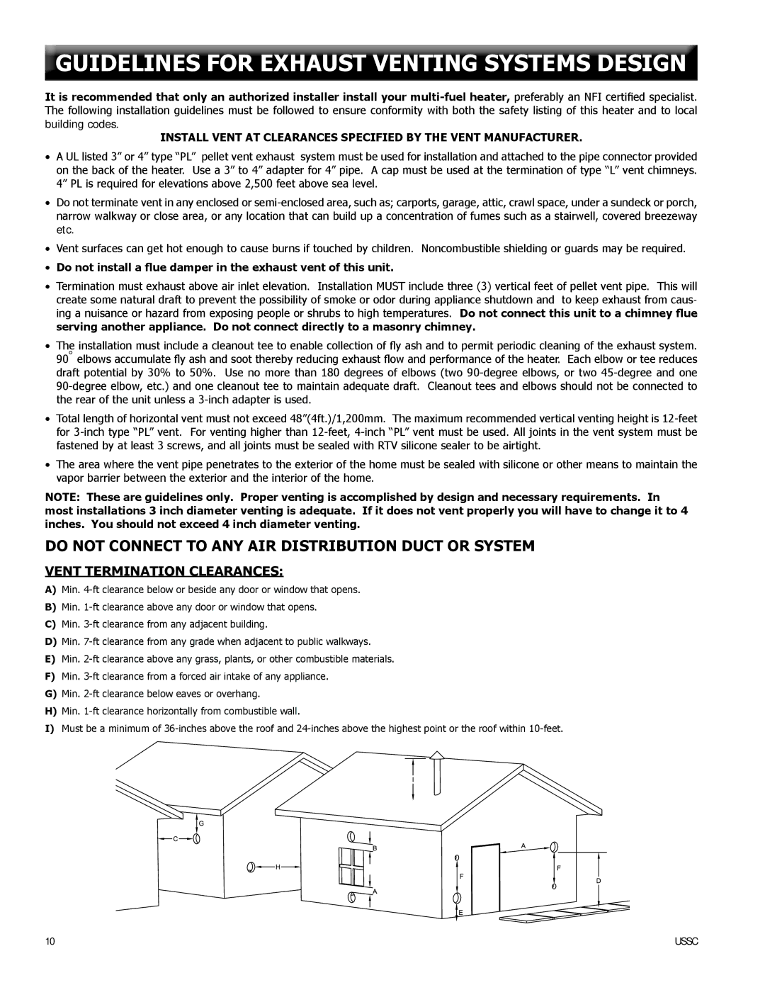 United States Stove 6041TP, 6041I, 6041HF Guidelines for Exhaust Venting Systems Design, Vent Termination Clearances 