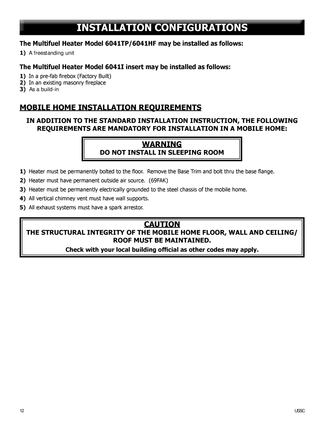 United States Stove 6041TP, 6041I, 6041HF warranty Installation Configurations, Mobile Home Installation Requirements 