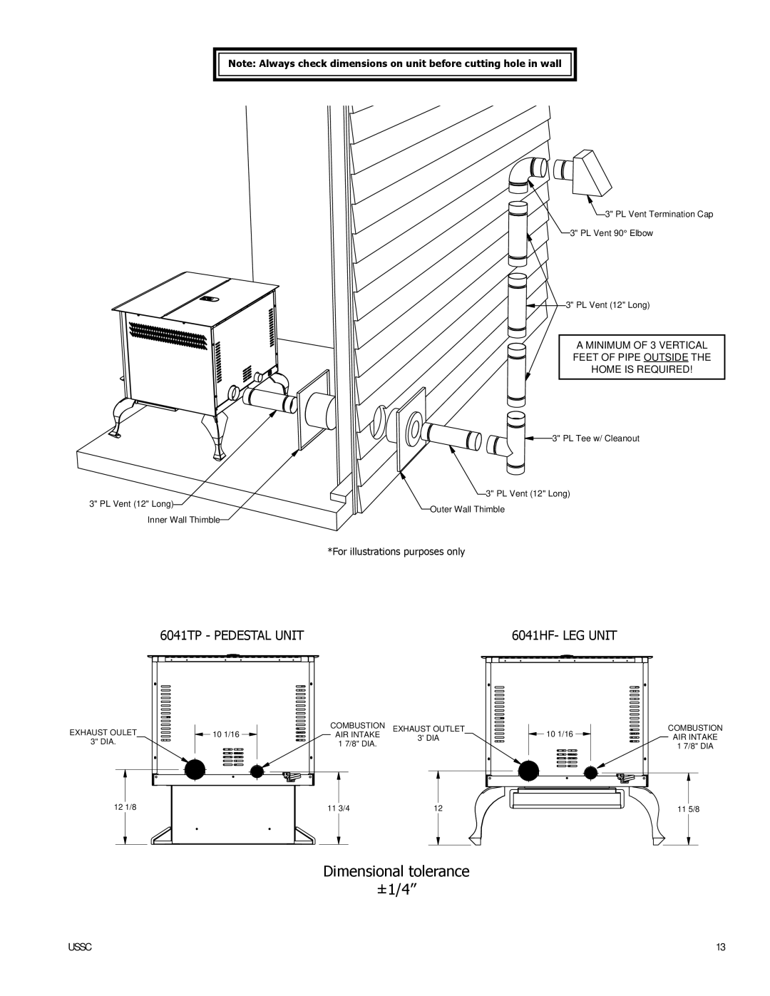 United States Stove 6041I, 6041TP, 6041HF warranty Dimensional tolerance ±1/4 