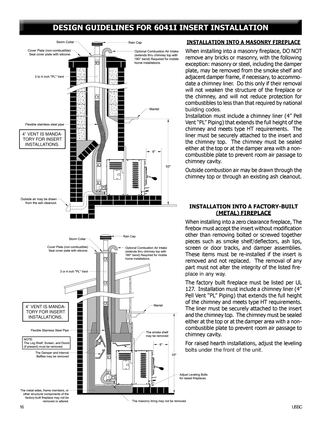 United States Stove 6041TP, 6041I Installation Into a Masonry Fireplace, Installation Into a FACTORY-BUILT Metal Fireplace 