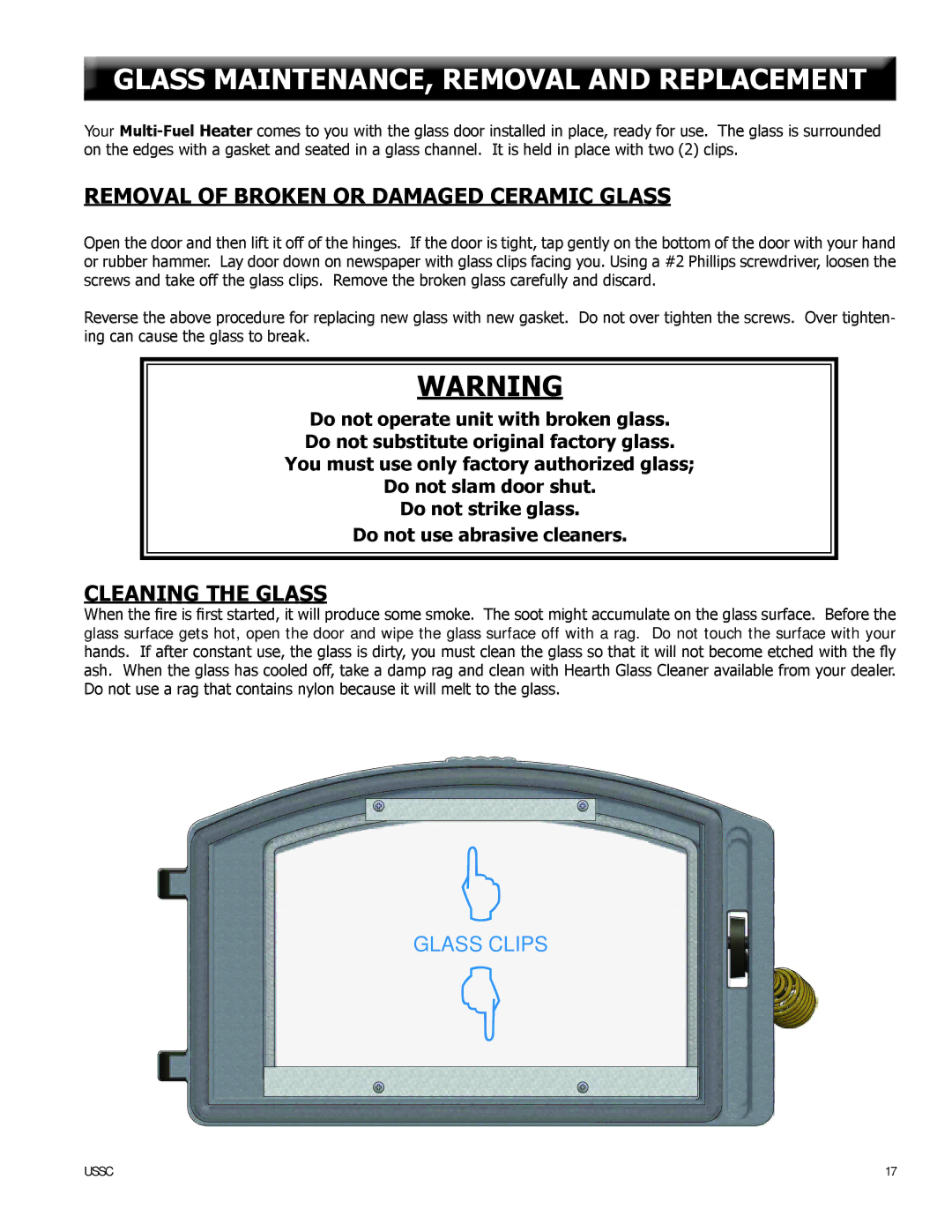 United States Stove 6041I, 6041TP Glass MAINTENANCE, Removal and Replacement, Removal of Broken or Damaged Ceramic Glass 