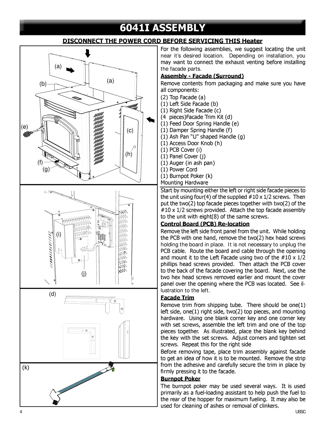 United States Stove 6041TP, 6041HF warranty 6041I Assembly, Disconnect the Power Cord Before Servicing this Heater 