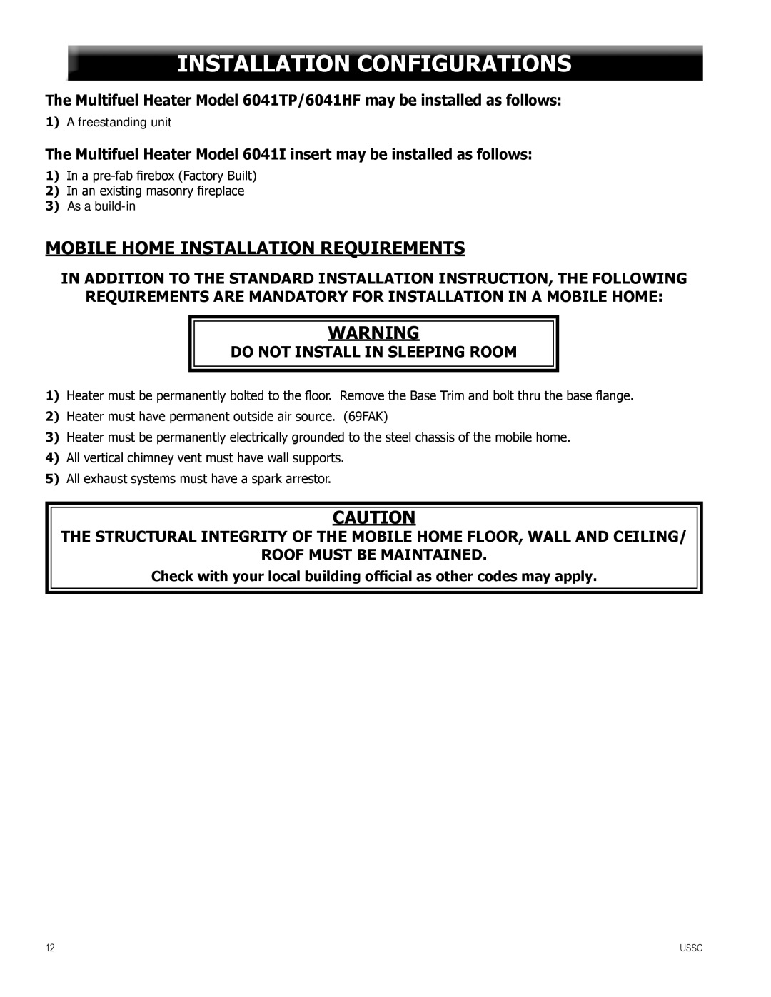 United States Stove 6041TP, 6041I, 6041HF warranty Installation Configurations, Mobile Home Installation Requirements 