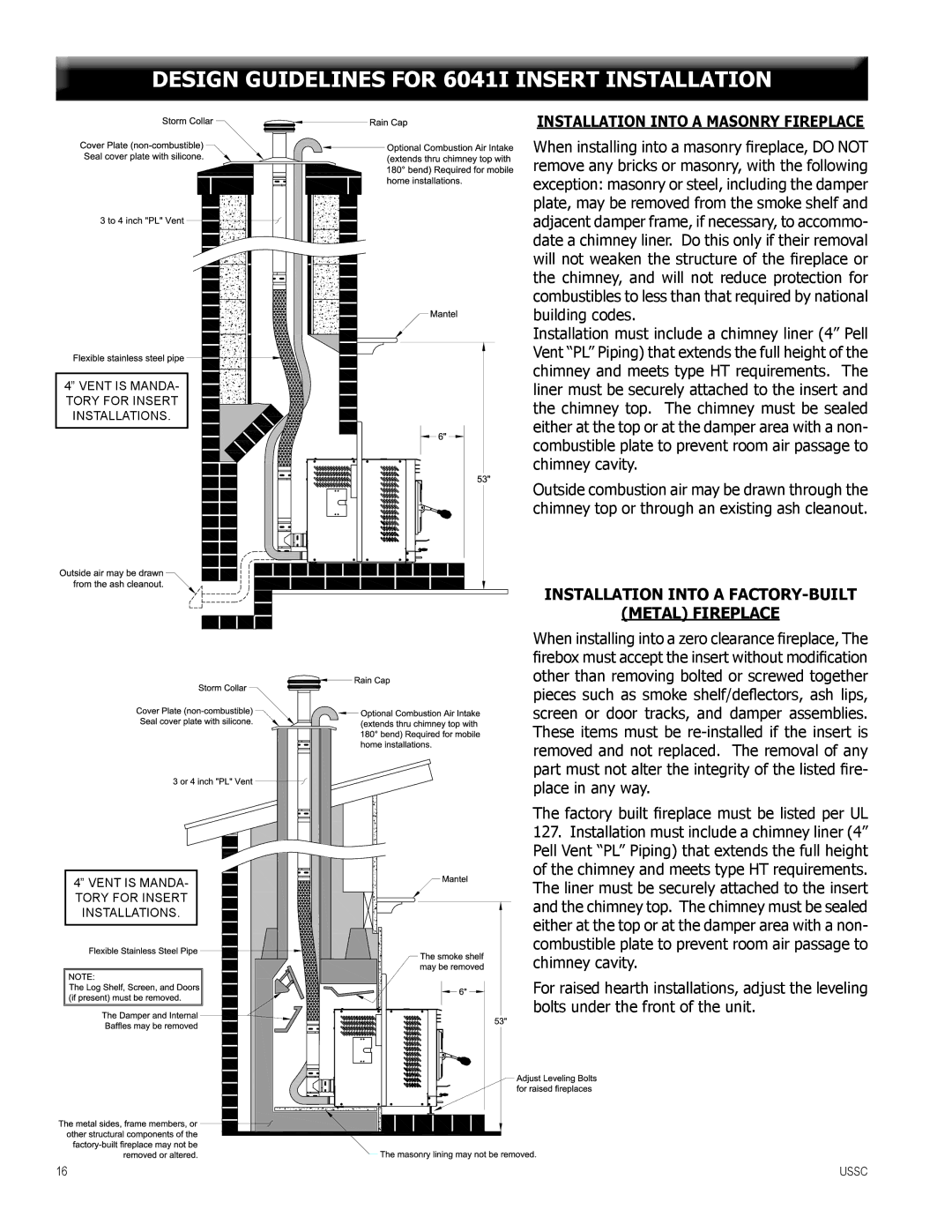 United States Stove 6041TP, 6041I Installation Into a Masonry Fireplace, Installation Into a FACTORY-BUILT Metal Fireplace 