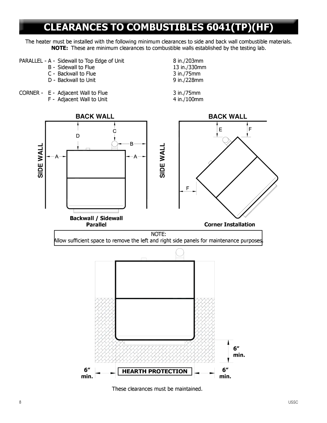 United States Stove 6041I, 6041HF warranty Clearances to Combustibles 6041TPHF, Hearth Protection 