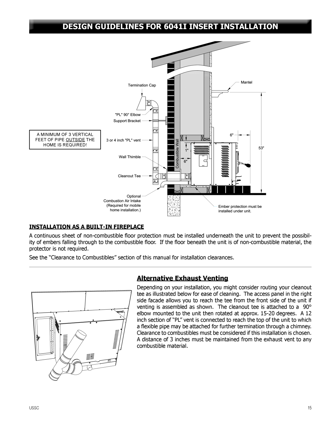 United States Stove 6041HF, 6041TP warranty DESIGN GUIDELINES FOR 6041I INSERT INSTALLATION, Alternative Exhaust Venting 