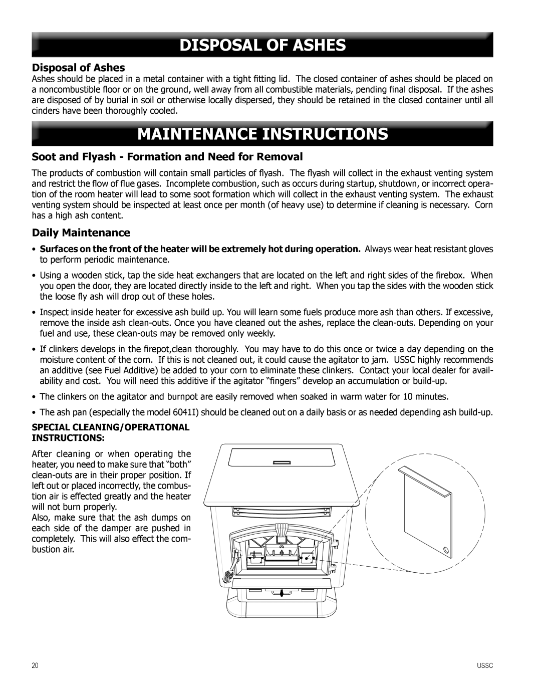United States Stove 6041TP, 6041I, 6041HF Disposal Of Ashes, Maintenance Instructions, Disposal of Ashes, Daily Maintenance 