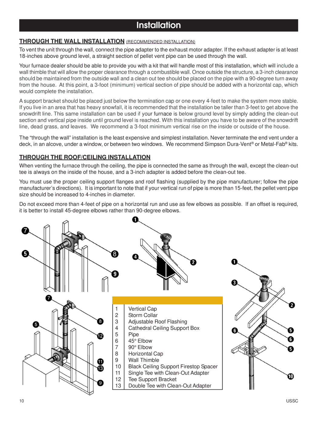 United States Stove 6100 Through the Wall Installation Recommended Installation, Through the ROOF/CEILING Installation 