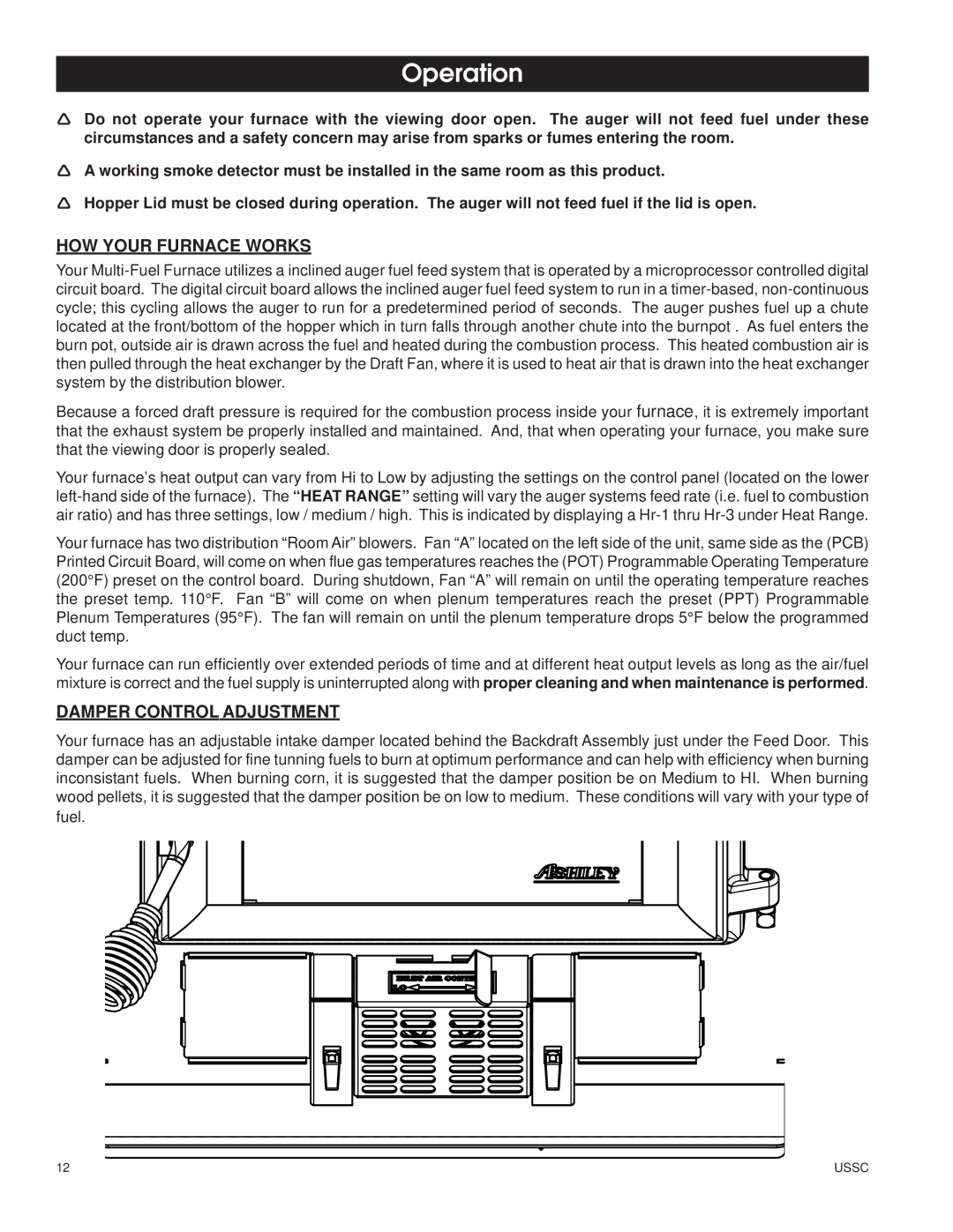 United States Stove 6100 owner manual Operation, HOW Your Furnace Works, Damper Control Adjustment 