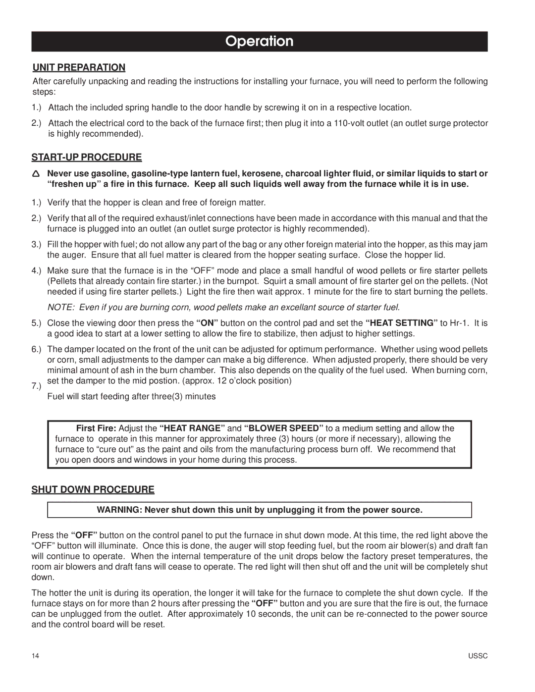 United States Stove 6100 owner manual Unit Preparation, START-UP Procedure, Shut Down Procedure 