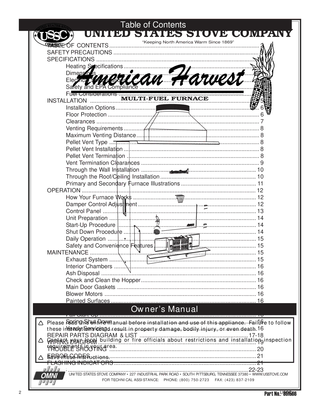 United States Stove 6100 owner manual Table of Contents 