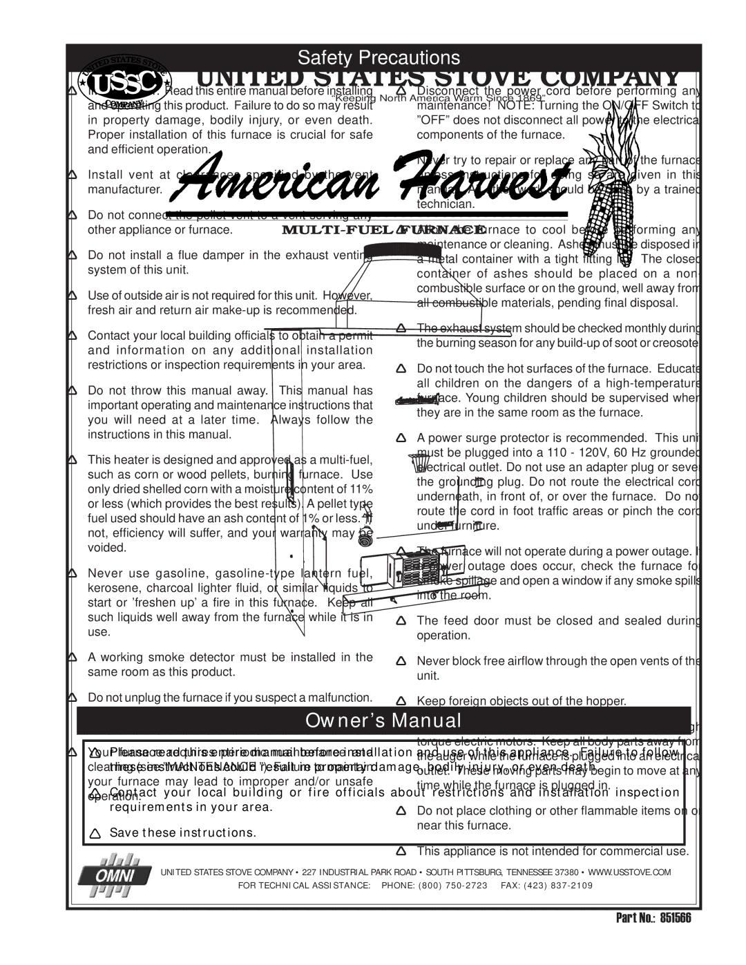 United States Stove 6100 owner manual Safety Precautions 