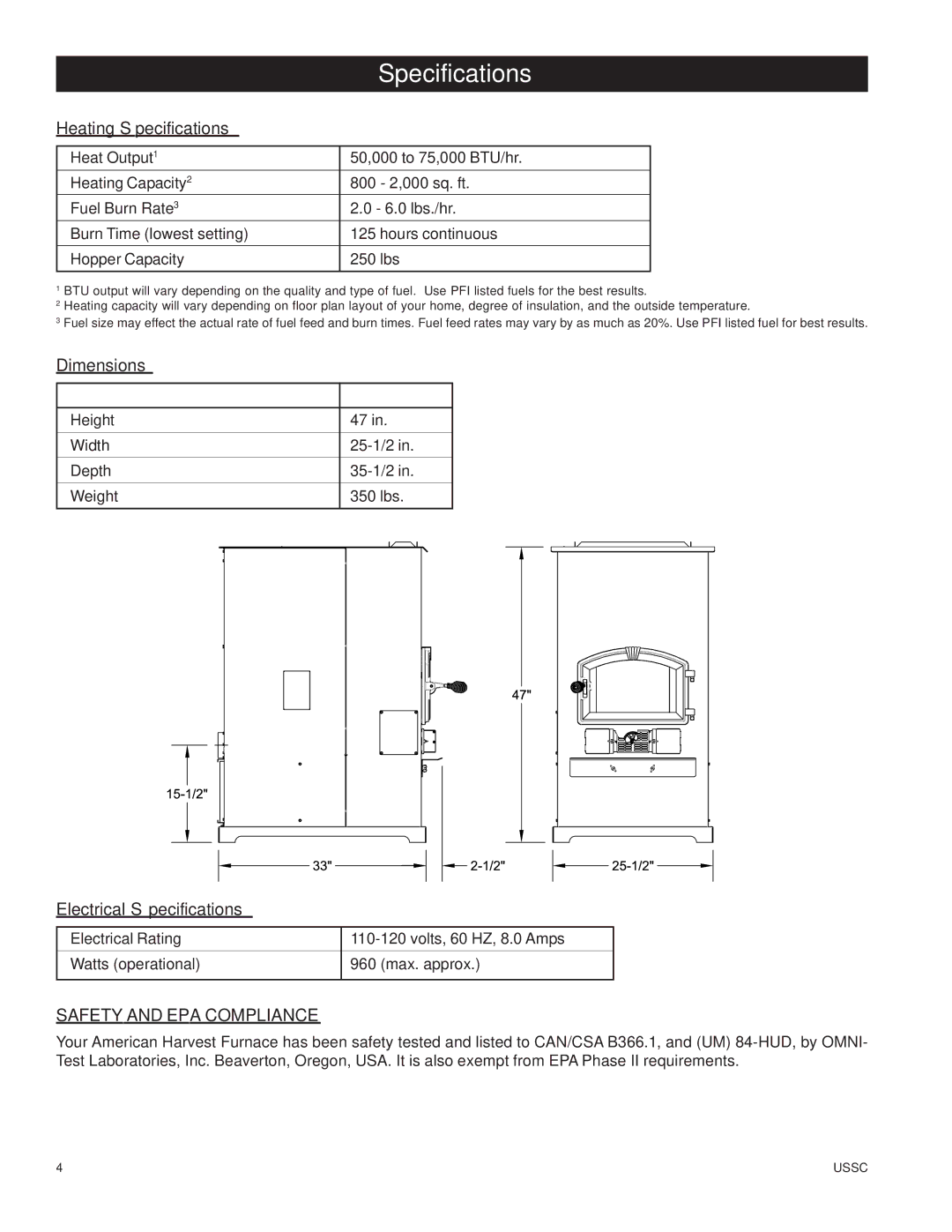 United States Stove 6100 owner manual Specifications, Safety and EPA Compliance 