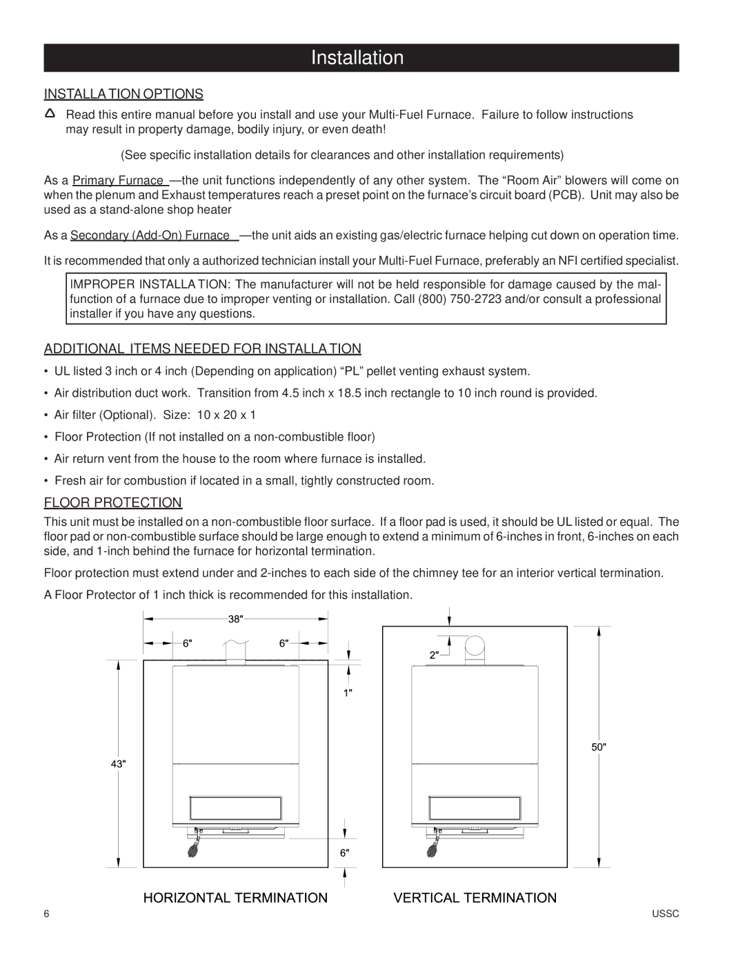 United States Stove 6100 owner manual Installation Options, Additional Items Needed for Installation, Floor Protection 