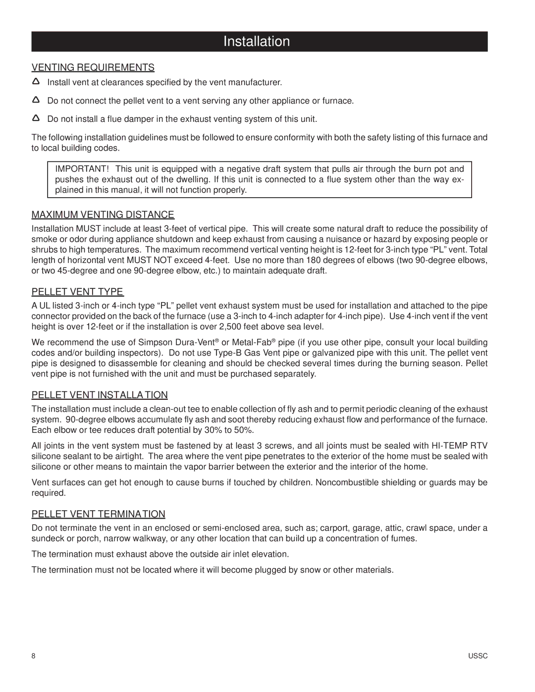 United States Stove 6100 Venting Requirements, Maximum Venting Distance, Pellet Vent Type, Pellet Vent Installation 