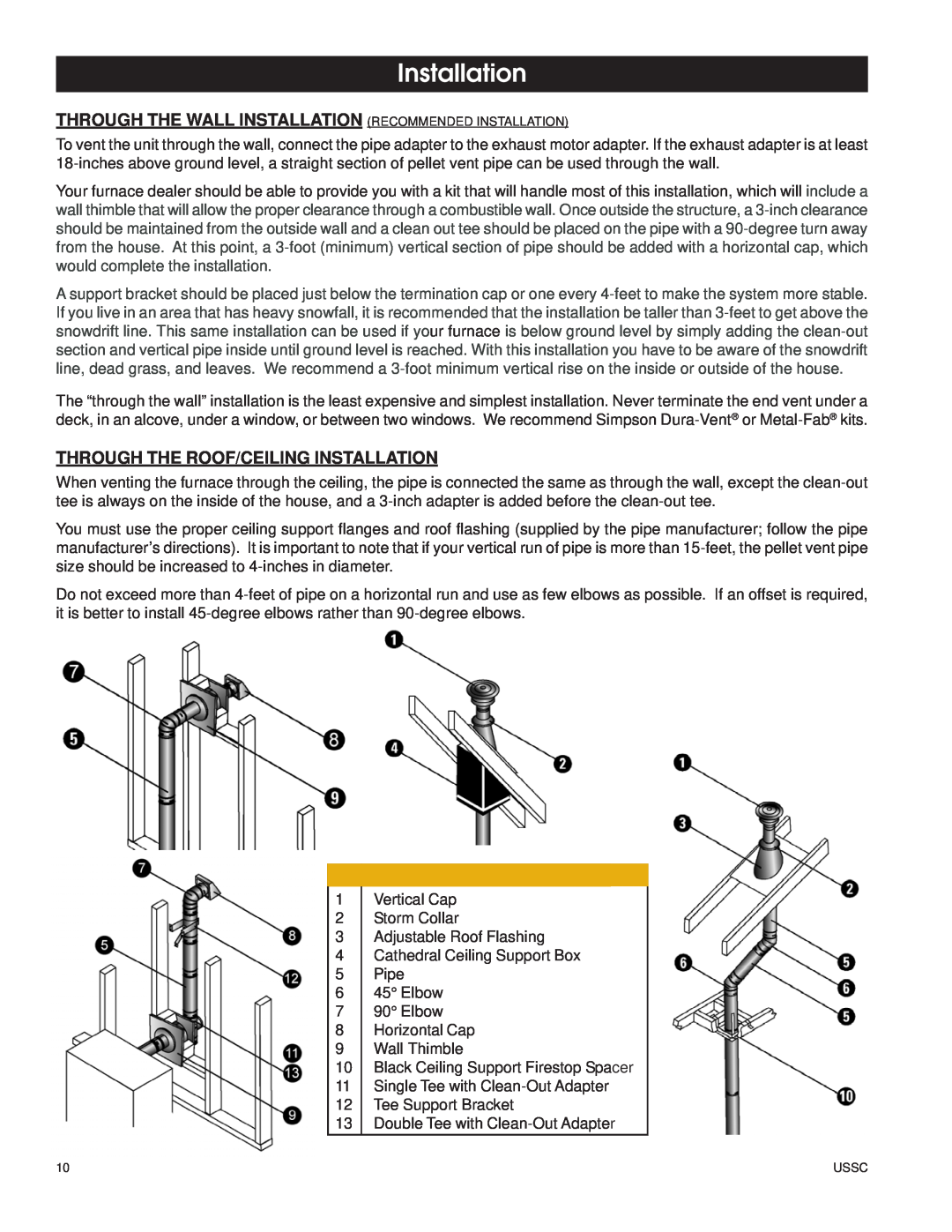 United States Stove 6100 owner manual Through The Roof/Ceiling Installation 