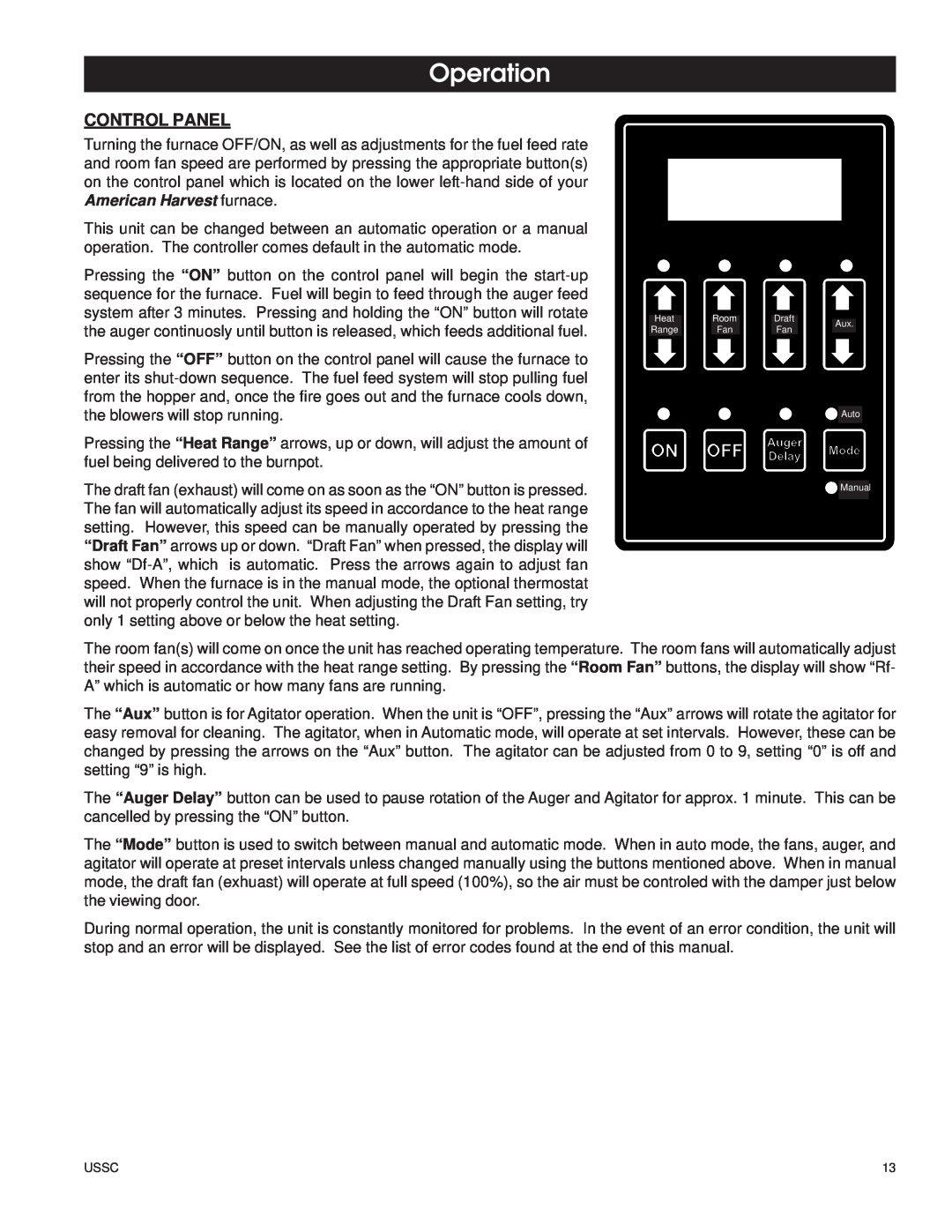 United States Stove 6100 owner manual Operation, Control Panel, Ussc 
