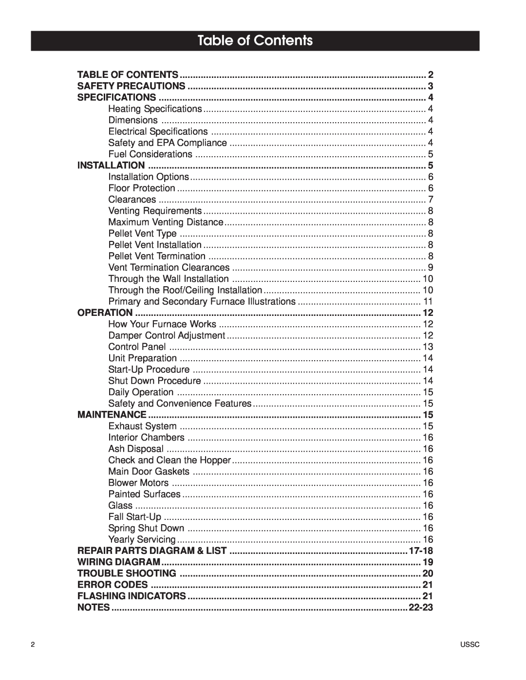 United States Stove 6100 owner manual Table of Contents, Repair Parts Diagram & List, 17-18, 22-23 