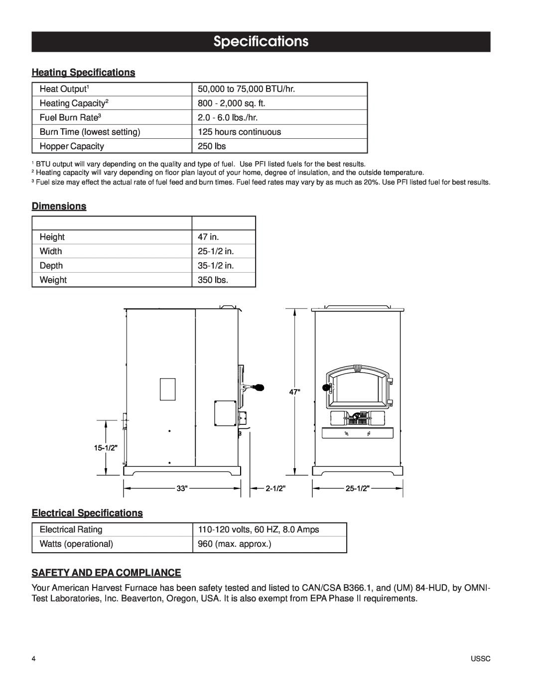 United States Stove 6100 Heating Specifications, Dimensions, Electrical Specifications, Safety And Epa Compliance 