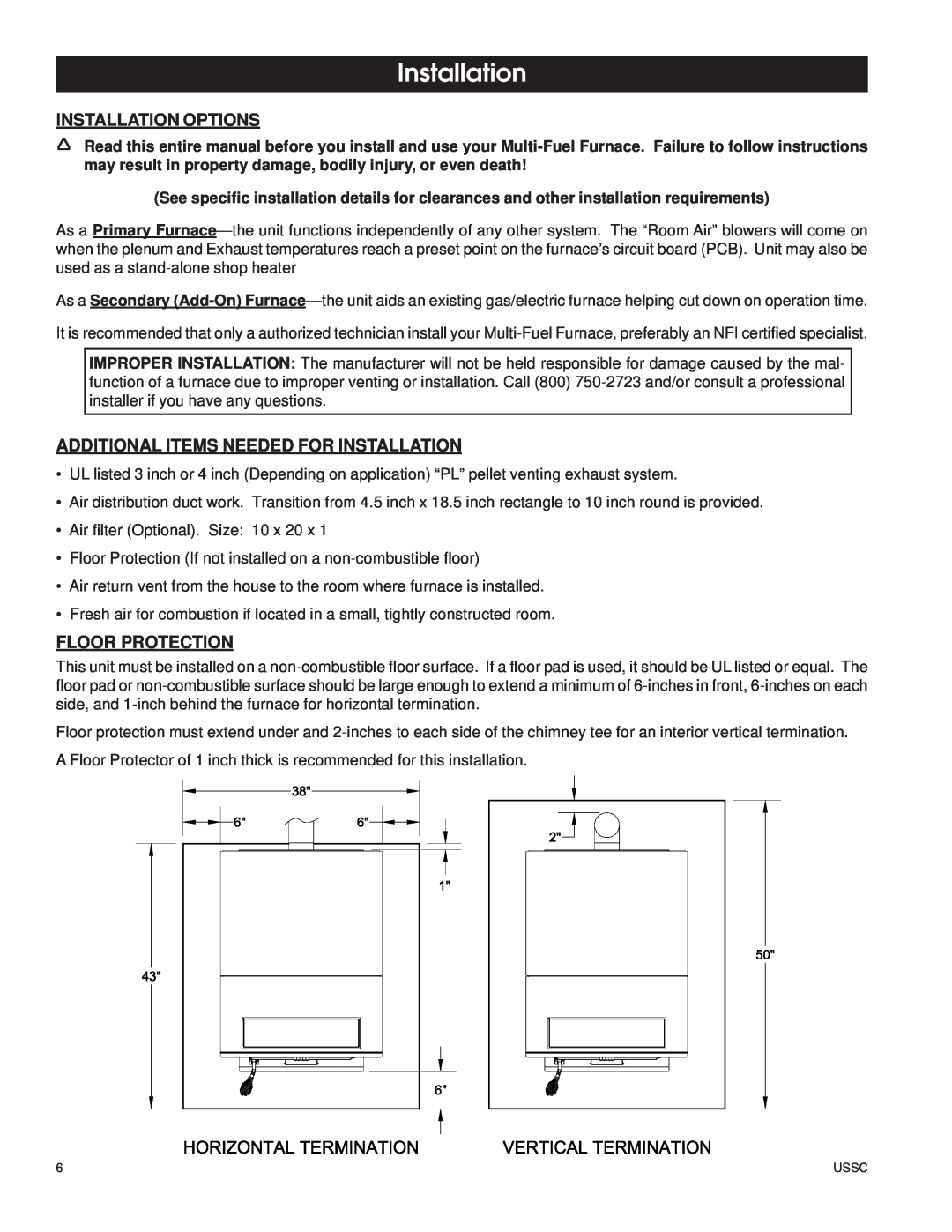 United States Stove 6100 owner manual Installation Options, Additional Items Needed For Installation, Floor Protection 