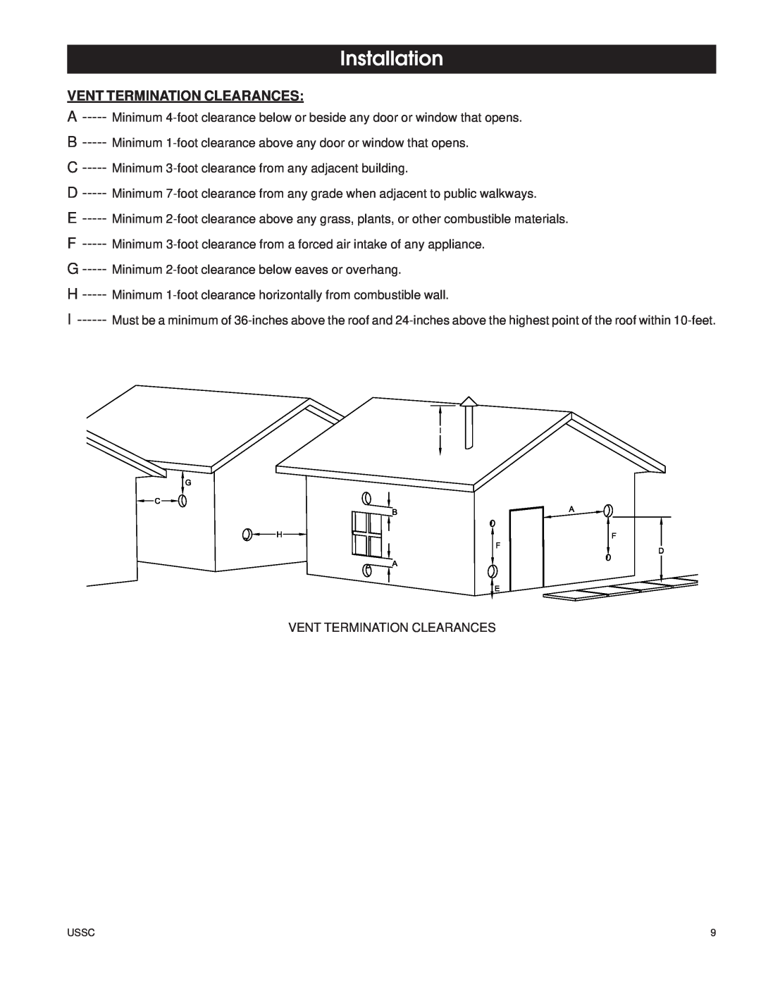 United States Stove 6100 owner manual Installation, Vent Termination Clearances 
